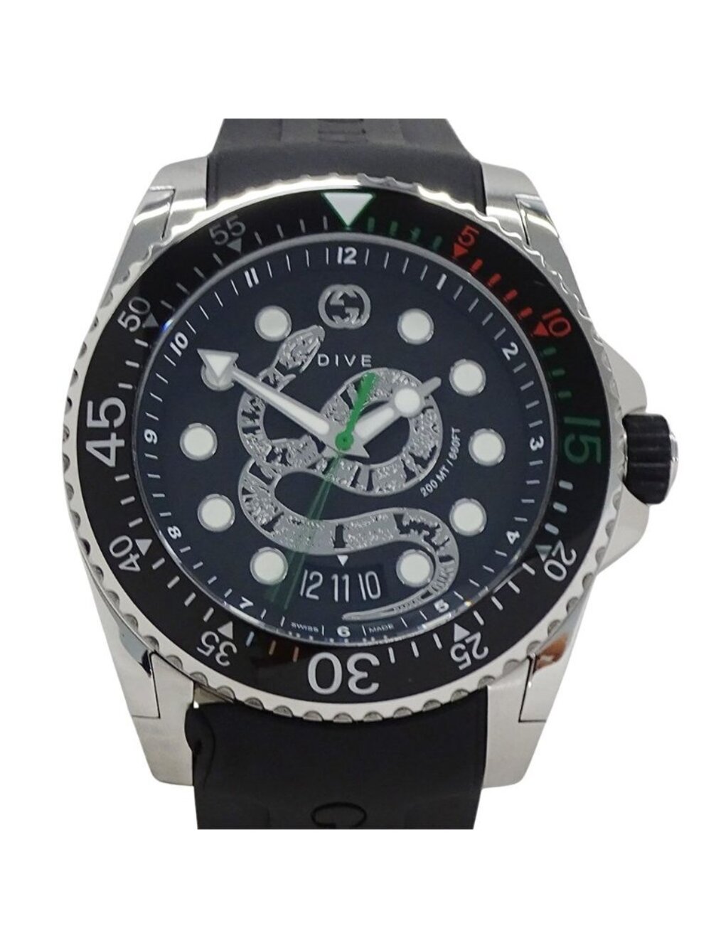 Gucci Watch Dive Snake Date Quartz Stainless Steel Rubber 136.2 Black Polished - Picture 2 of 13